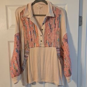 POL Cream with Pink Sequin Panels and Multicolor Accents Pullover